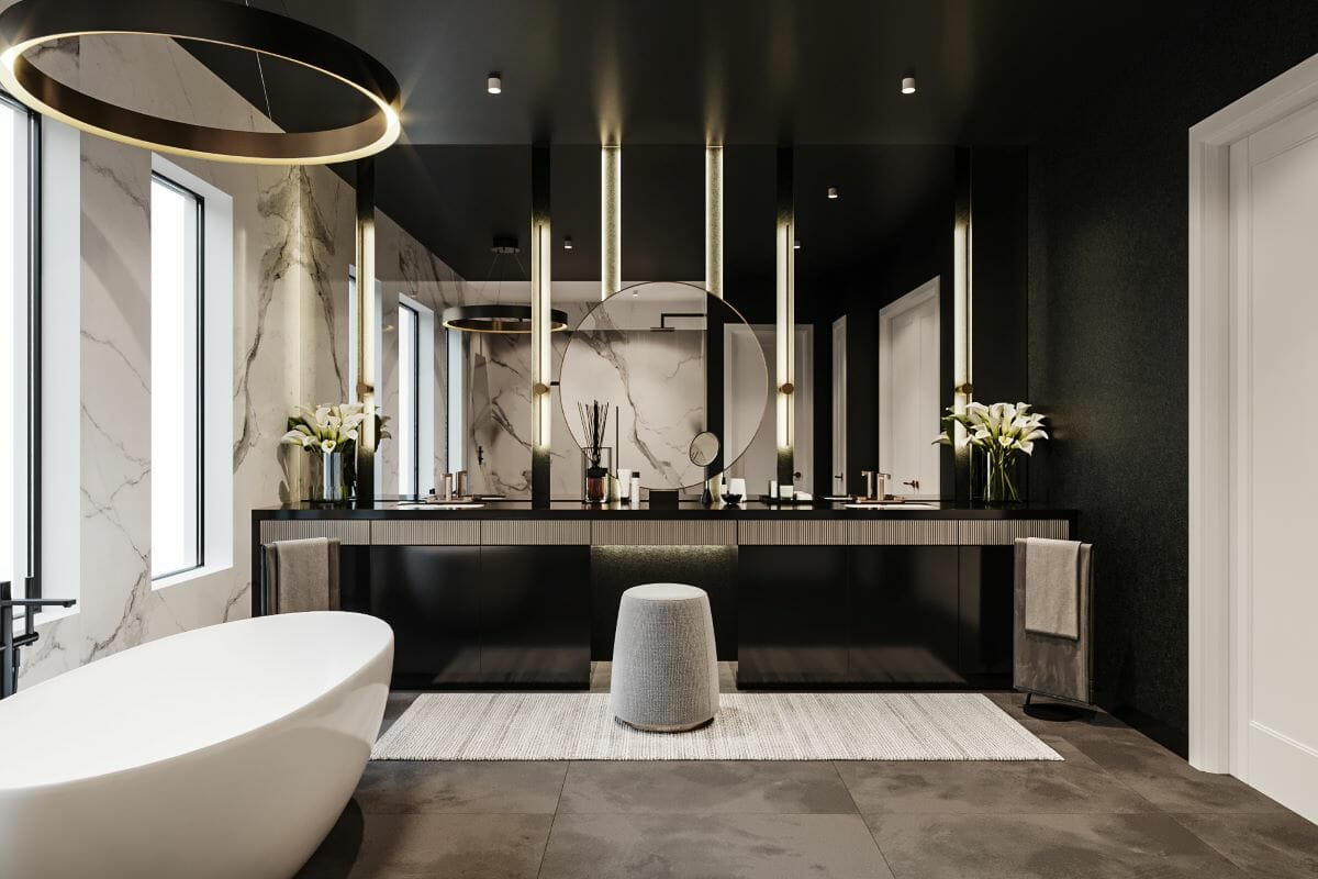 Glam black marble bathroom interior design by Decorilla
