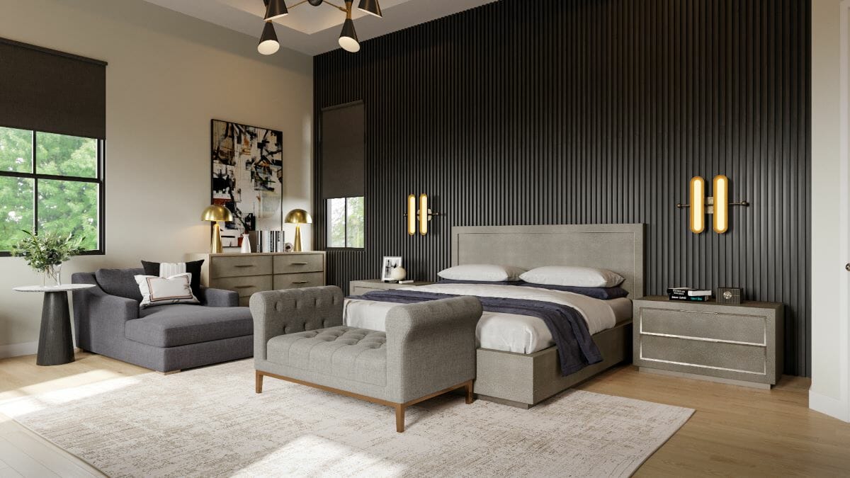Master bedroom with black accent wall, design by Decorilla