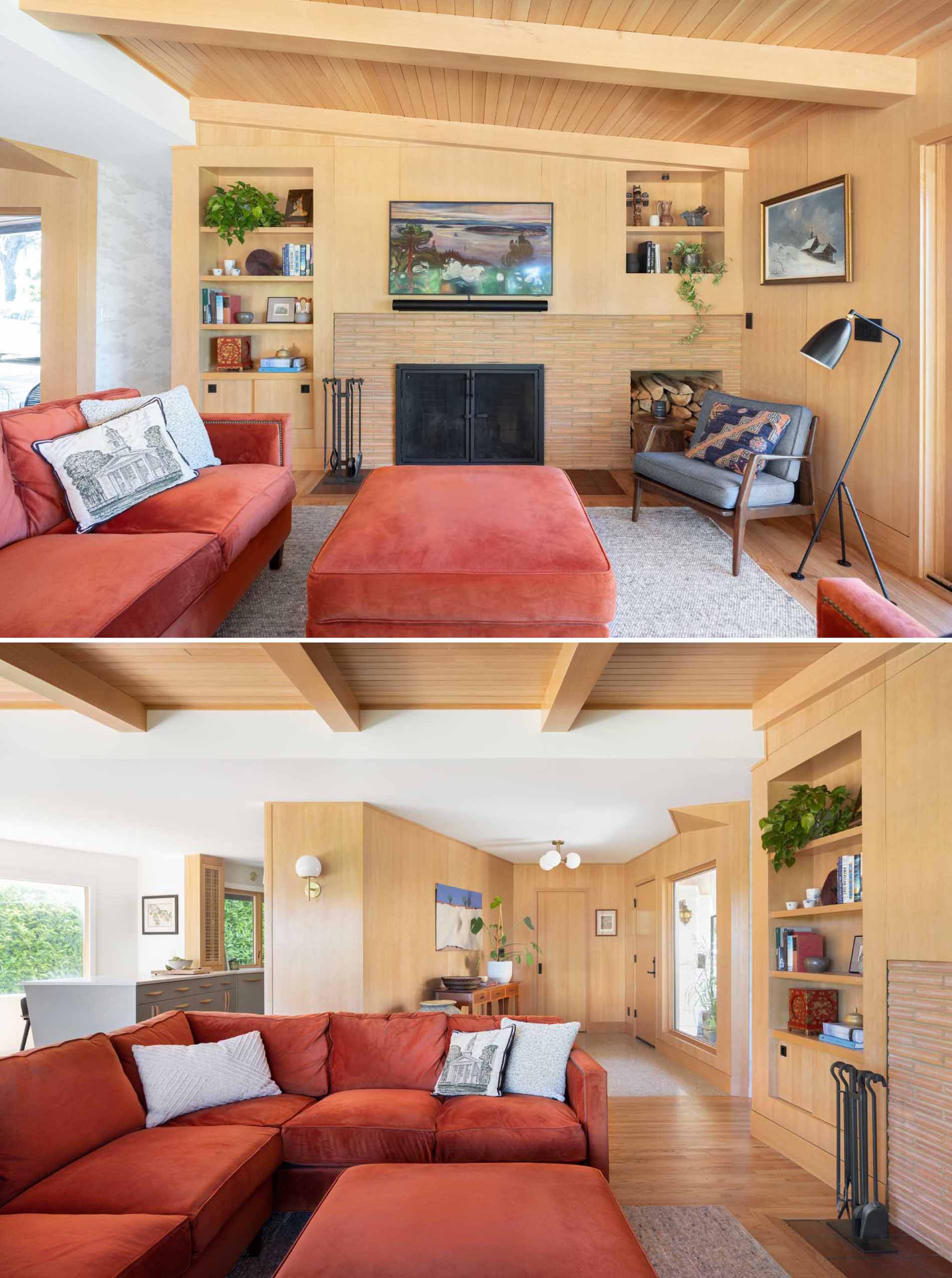 Before - The original living room of this mid-century modern home included a fireplace as well as built-in shelving.