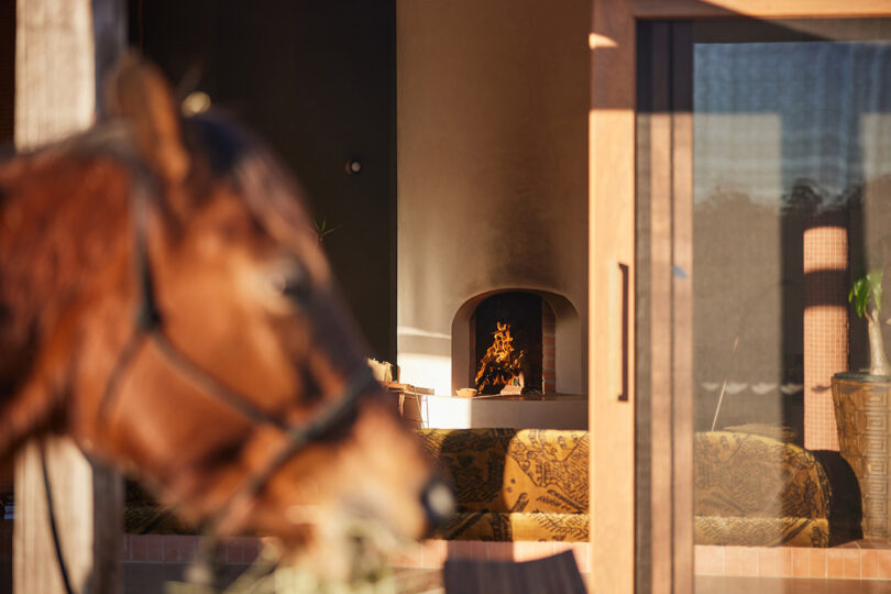 Blurred head of a horse in the foreground passing by the Sun Ranch's lounge fireplace.