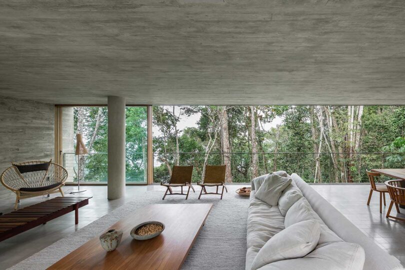 interior view of modering living room with large expanse open to outside