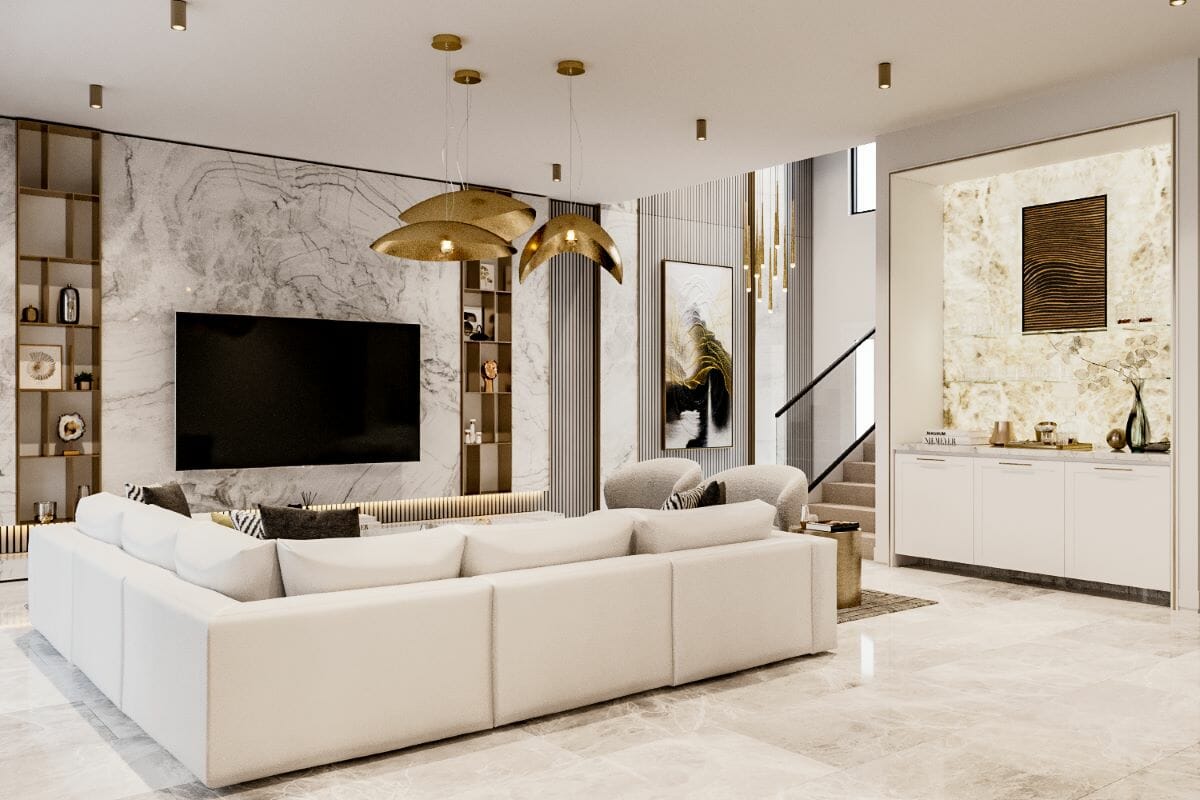Lighting trends 2024 with a distinctive aesthetic in a living room by Decorilla designer Jessica S.