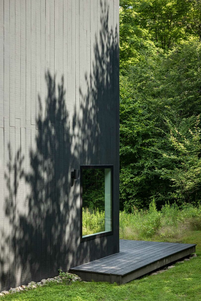 closeup corner view of modern black box house surrounded by trees