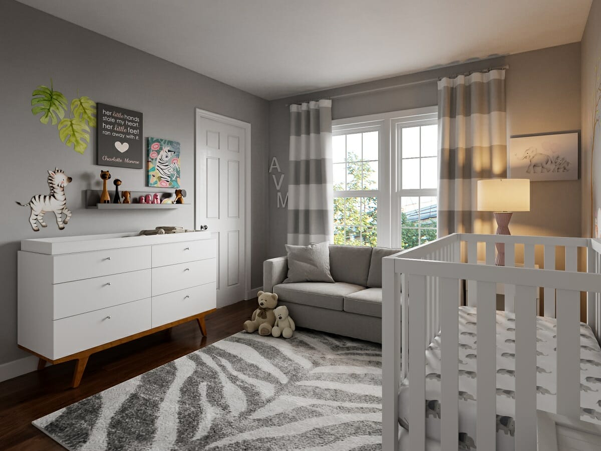 Nursery in master bedroom with cute shelving