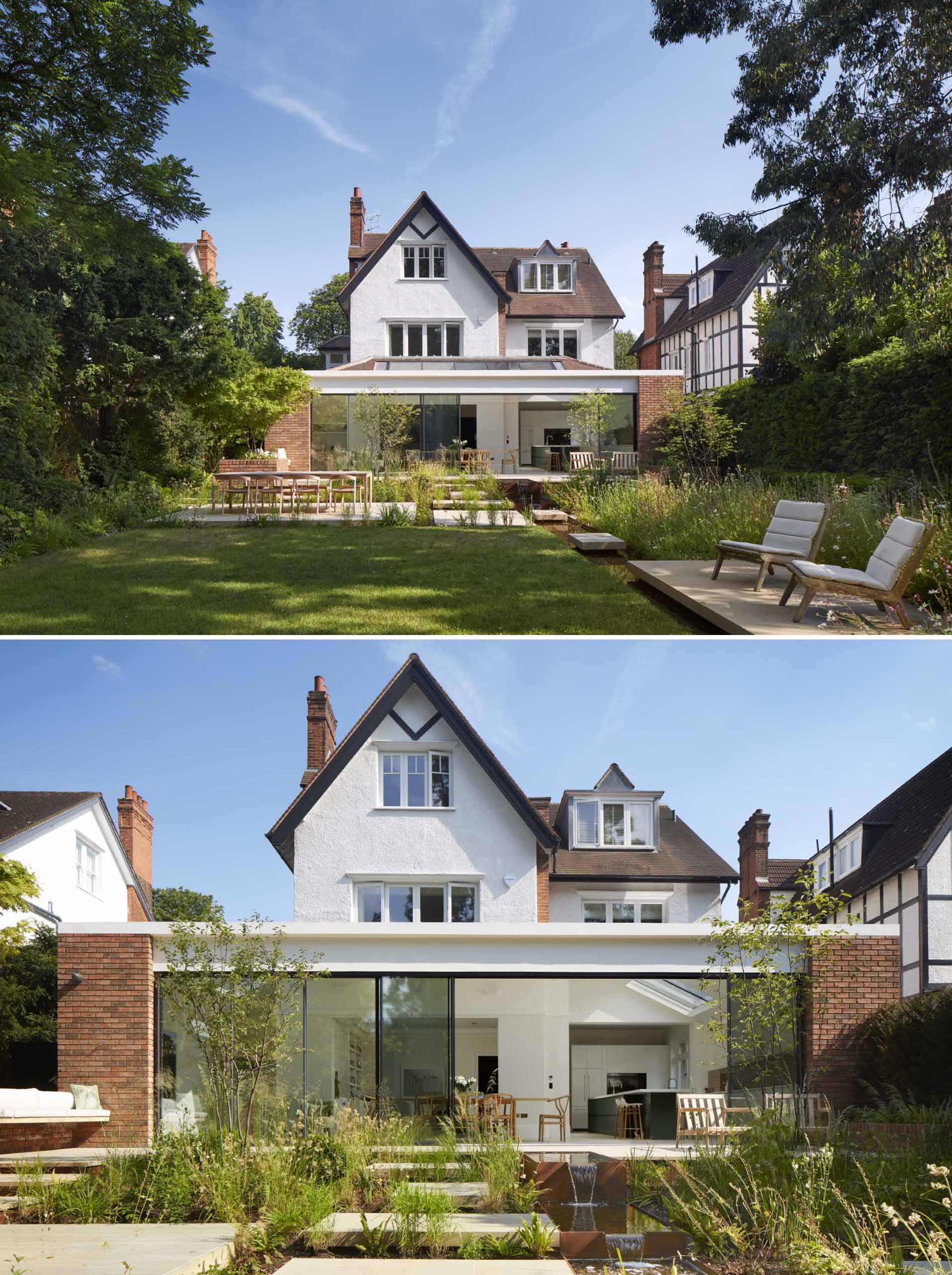 An updated brick extension for an Edwardian home includes a sitting area, dining area, and kitchen.