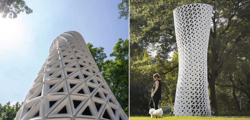 Two cropped images: 1. Close up of VERTO tower from perspective of looking up. 2. Woman walking small white dog near VERTO's air filtering tower.
