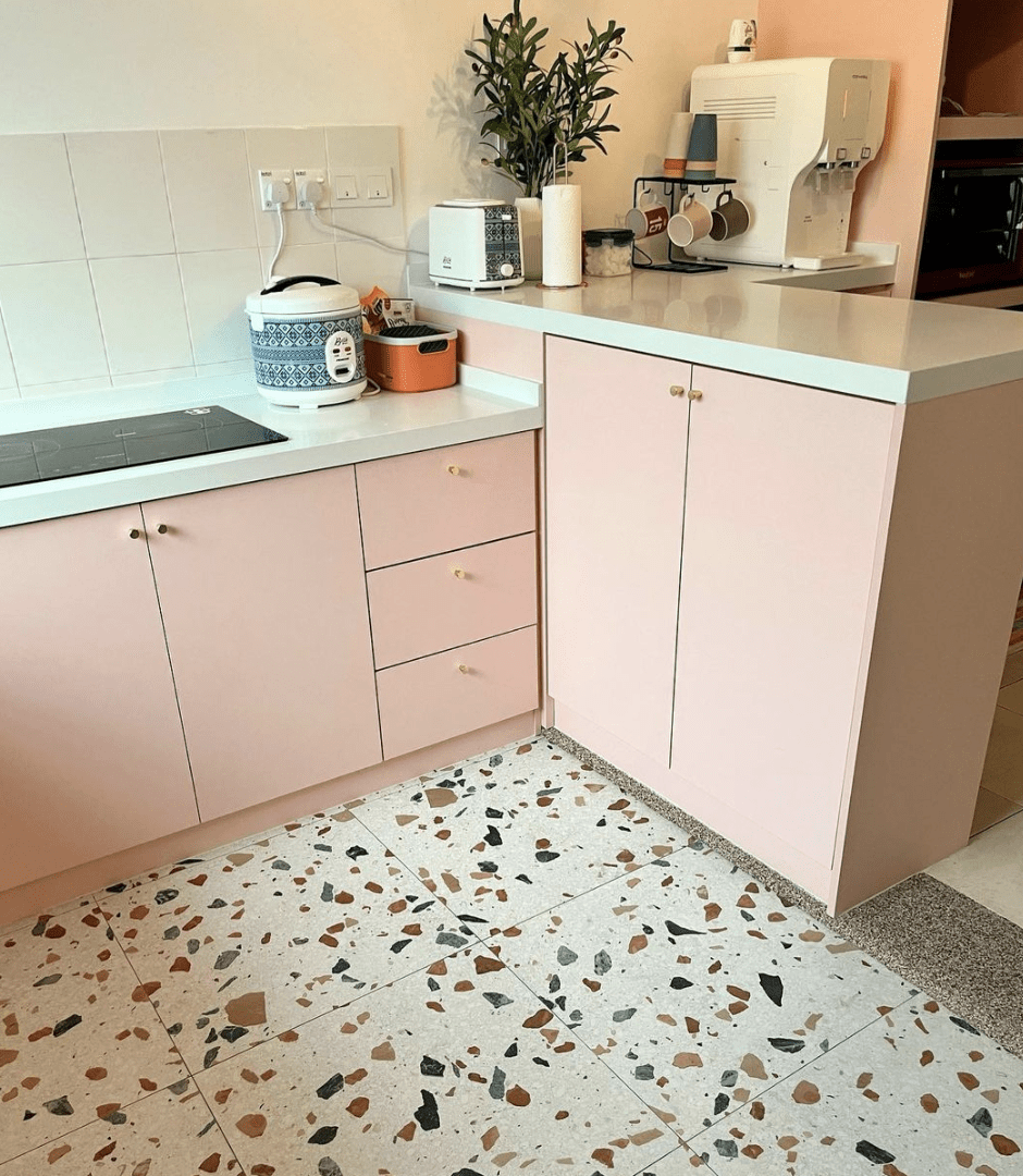 Terrazzo floor in pink kitchen