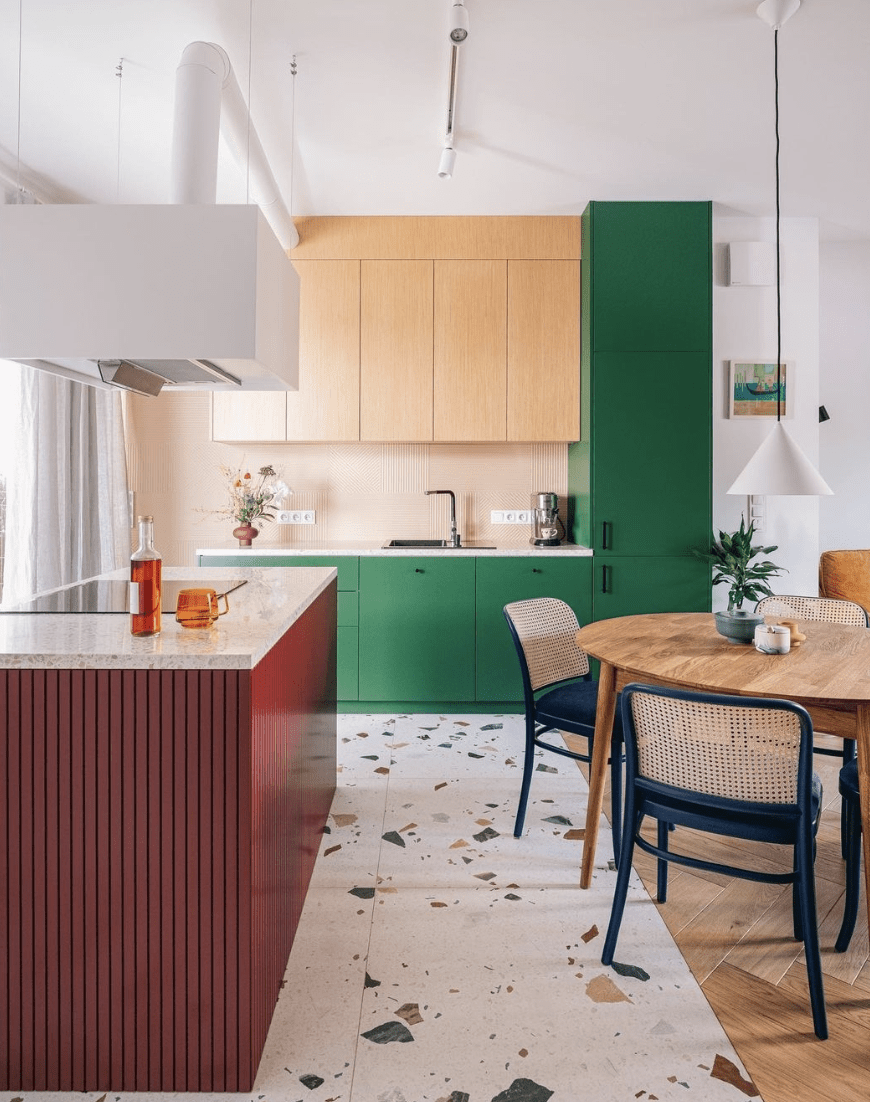 kitchen with bright colors and terrazzo floor