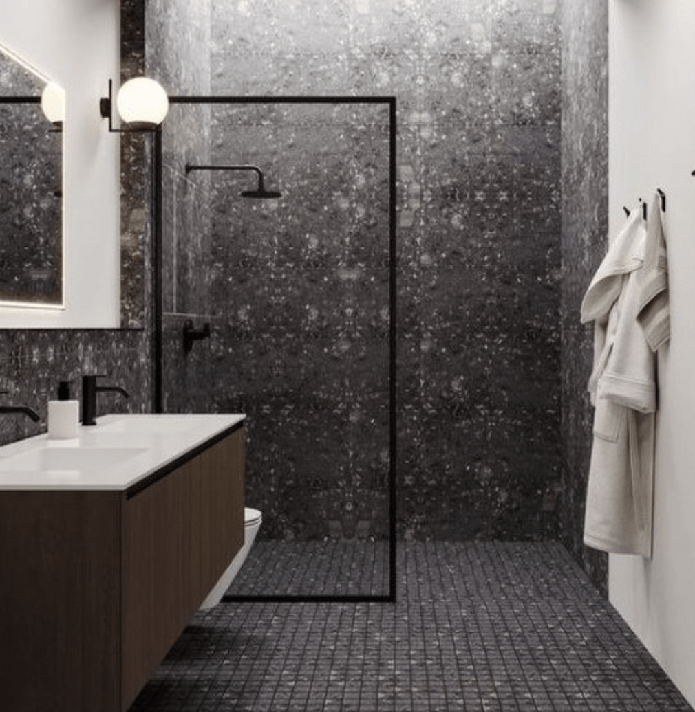 terrazzo floor shower surround double vanity bath robe hanging on wall