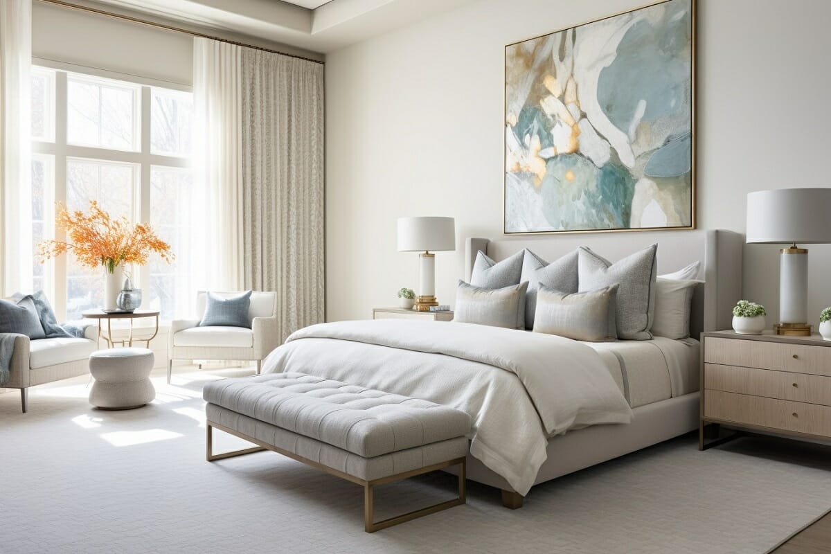 Soothing bedroom ideas 2024 with a pale blue and cream color scheme