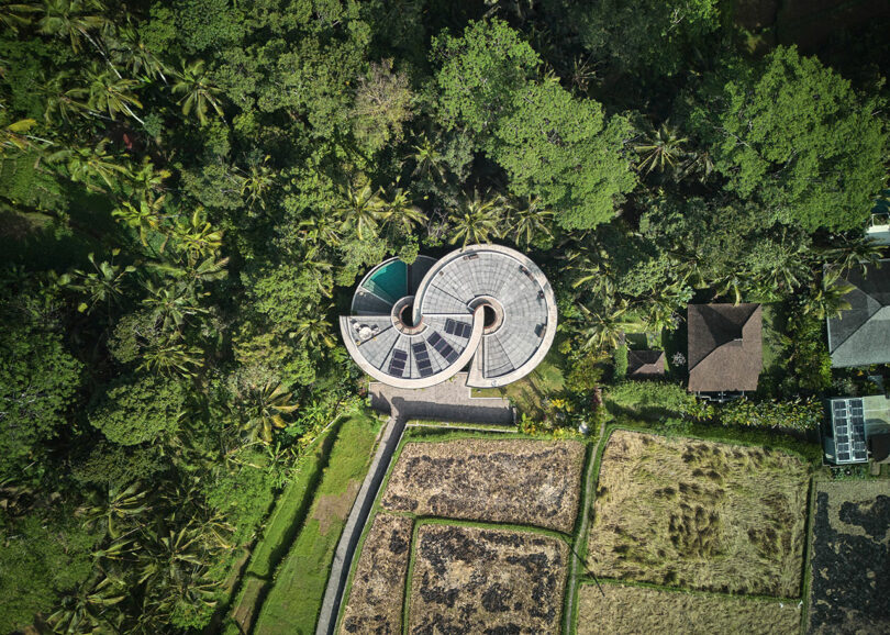 Aerial view of modern spiral concrete house surrounded by woods