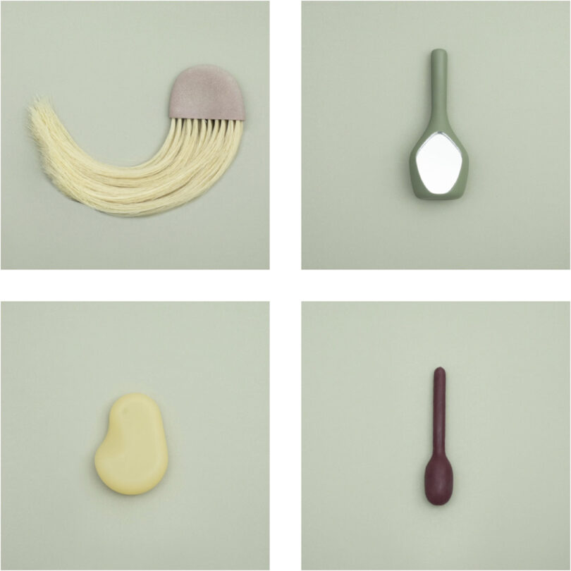 four separate images of objects on light green backgrounds