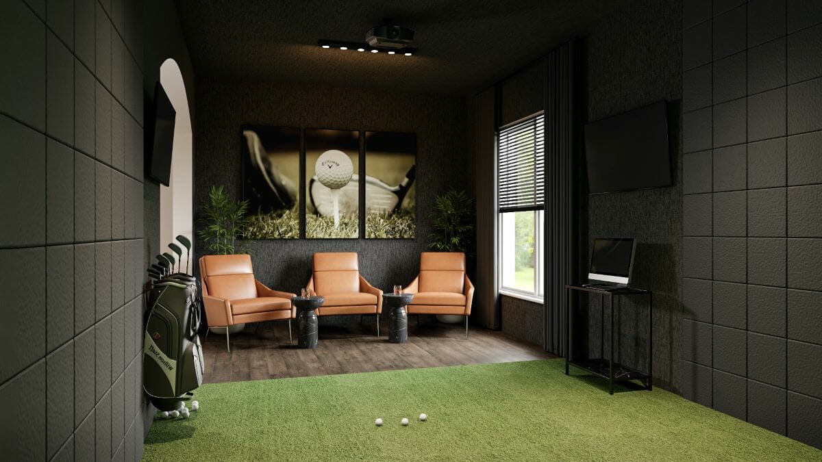 Luxury short-term rental's golf simulator room designed by Decorilla