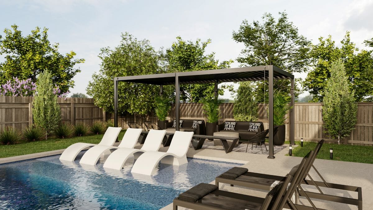 Luxury short-term rental patio with swimming pool design by Decoriila