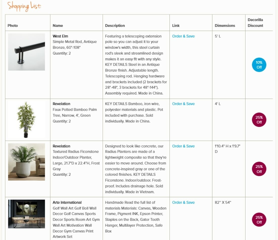 Short term rental design services shopping list by Decorilla