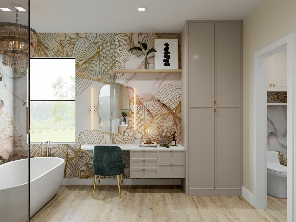 Modern bathroom with wallpaper, designed by Decorilla