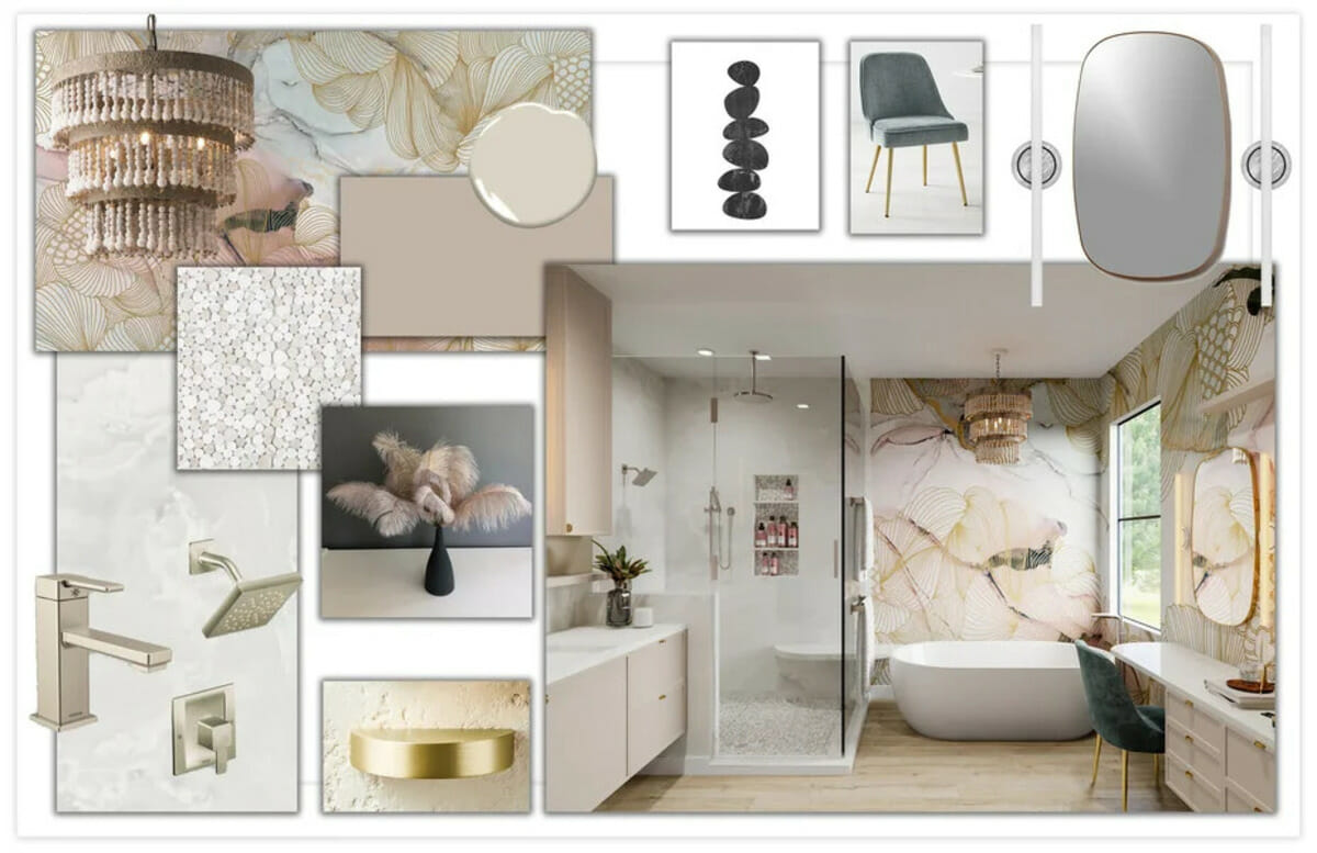 Shopping list for a modern bathroom with wallpaper feature wall by Decorilla