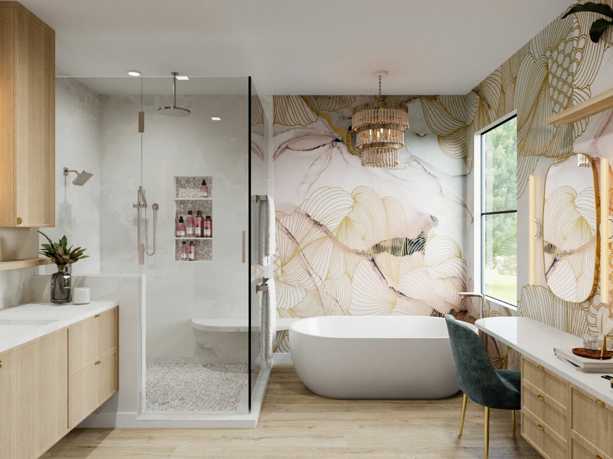 Modern bathroom with a trendy wallpaper and contemporary shower room by Decorilla