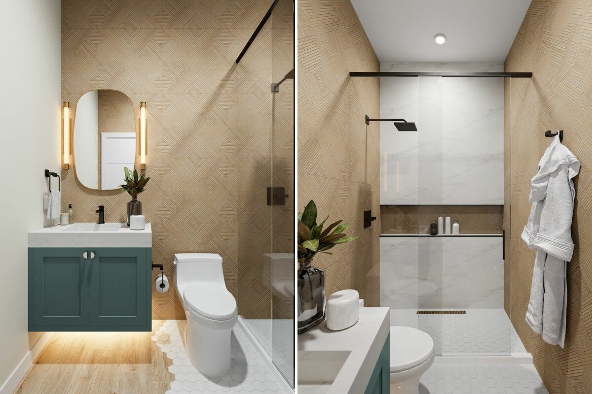 Guest bathroom design with a feature wall and geometric bathroom floor tiles by Decorilla