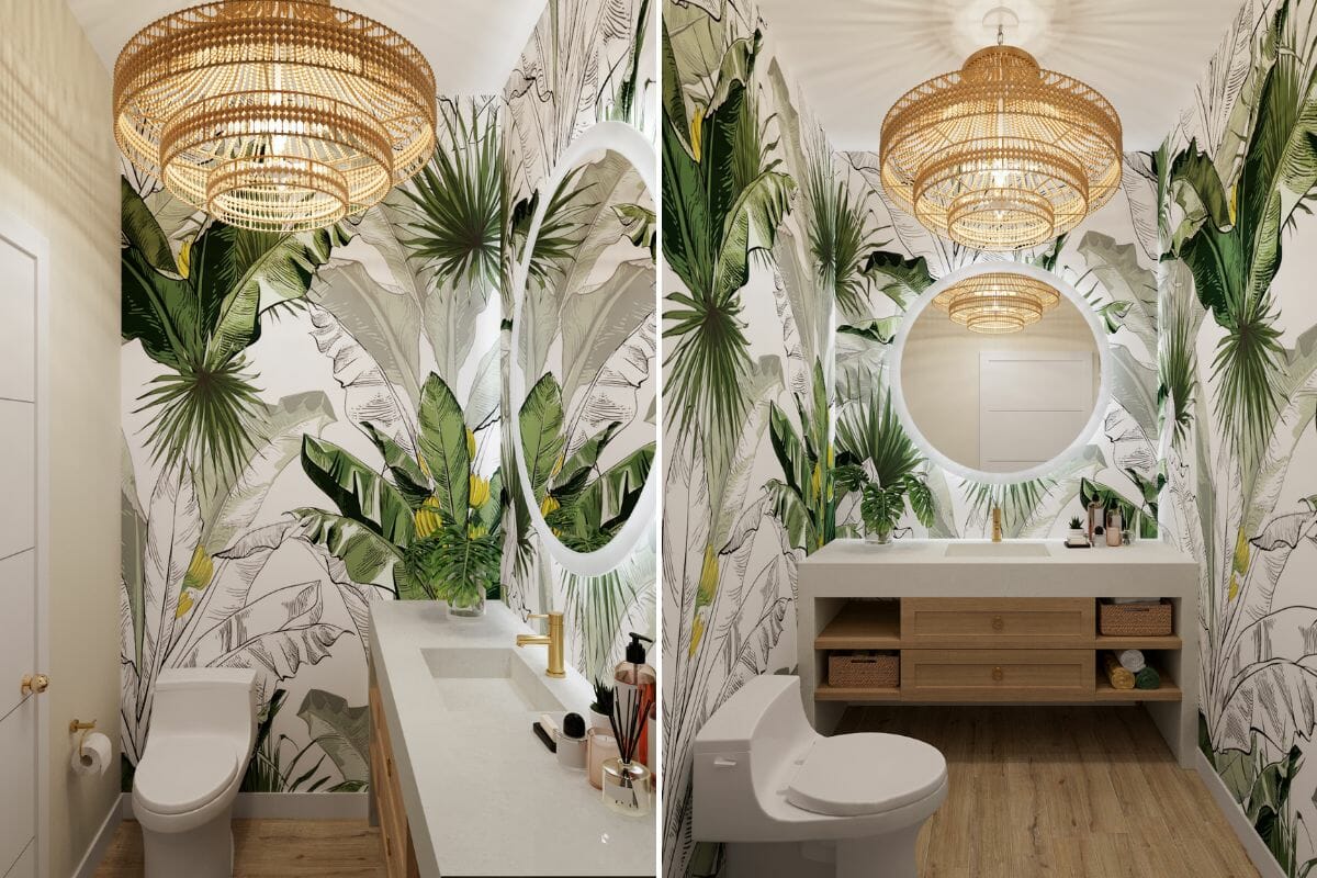 Trendy wallpaper ideas for a bathroom feature wall by Decorilla