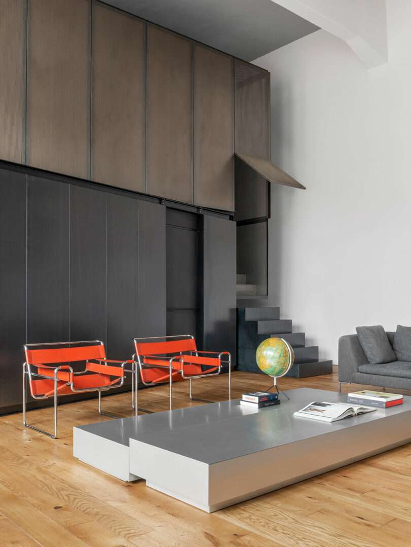 Angled interior shot of modern industrial loft living room 