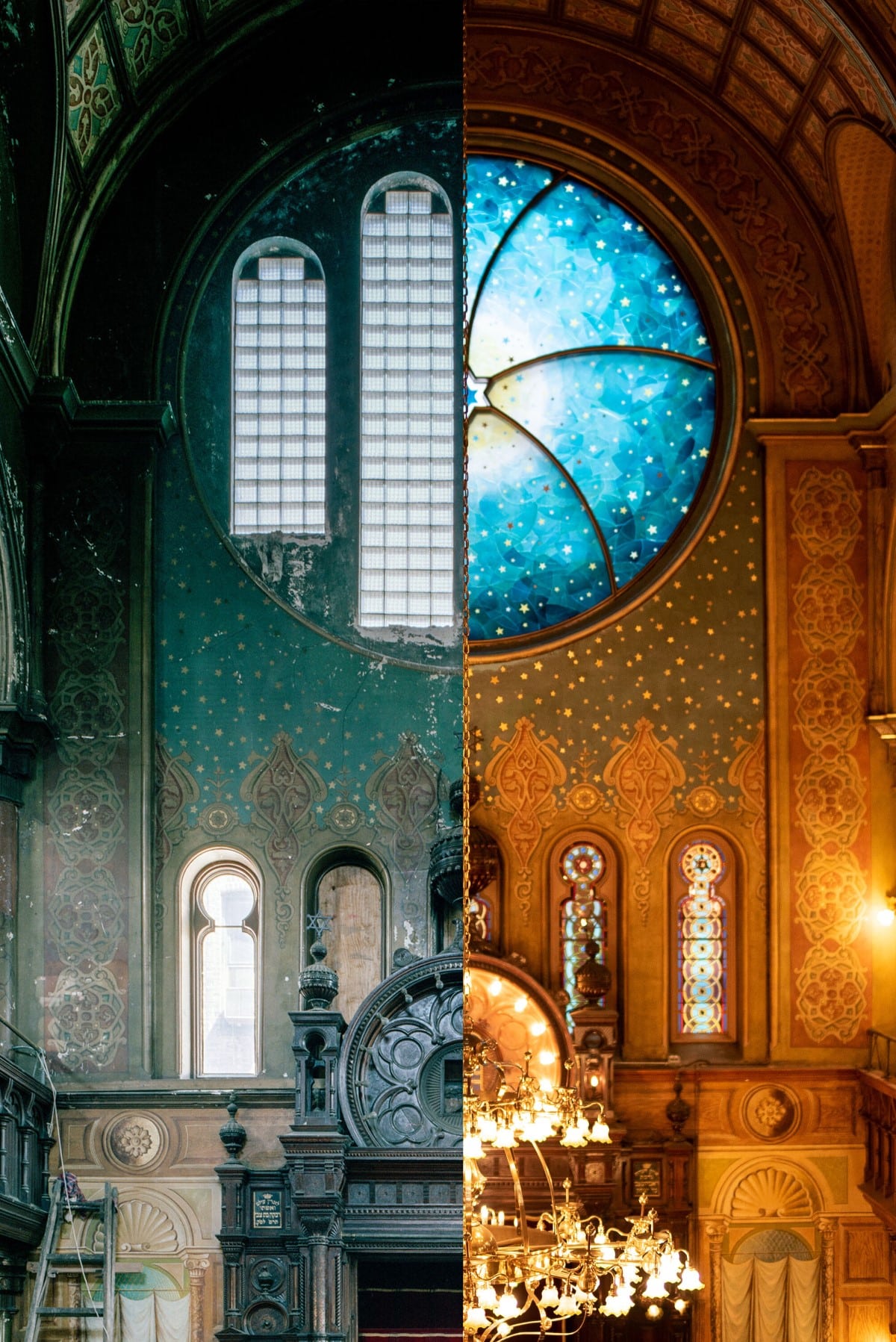 Before and after of main stained glass window at the Eldridge Street Synagogue