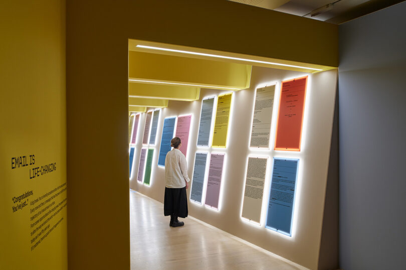 a person observes the interior of an immersive exhibition