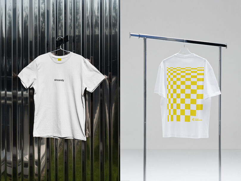 side-by-side images with white t-shirt reading Sincerely and the back of the shirt with a neon yellow checkerboard graphic