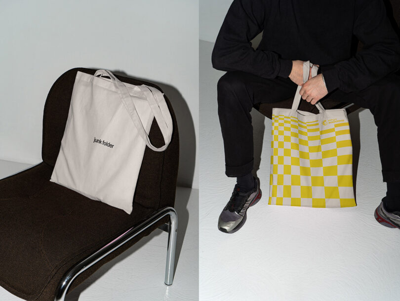 side-by-side images with tote bag reading Junk Folder and the back of the tote with a neon yellow checkerboard graphic
