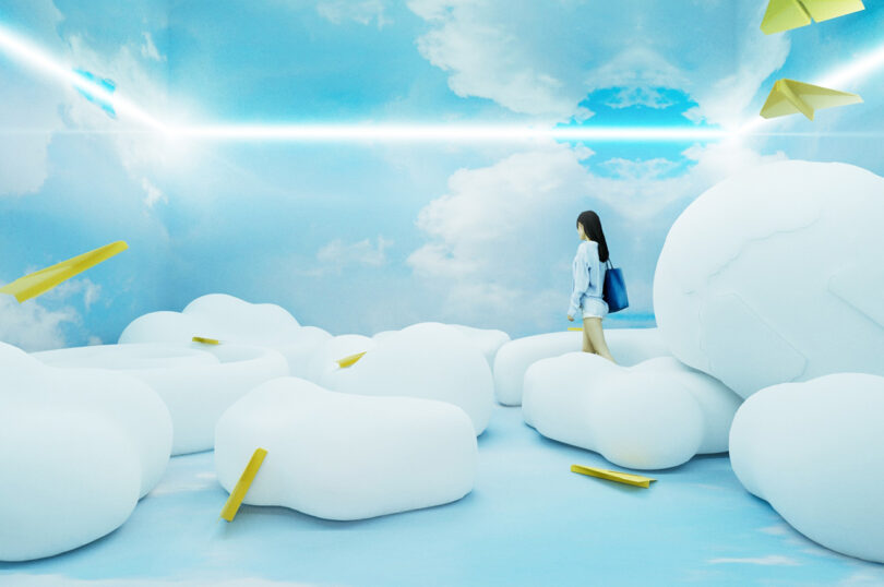 person exploring a room with large white clouds and blue sky