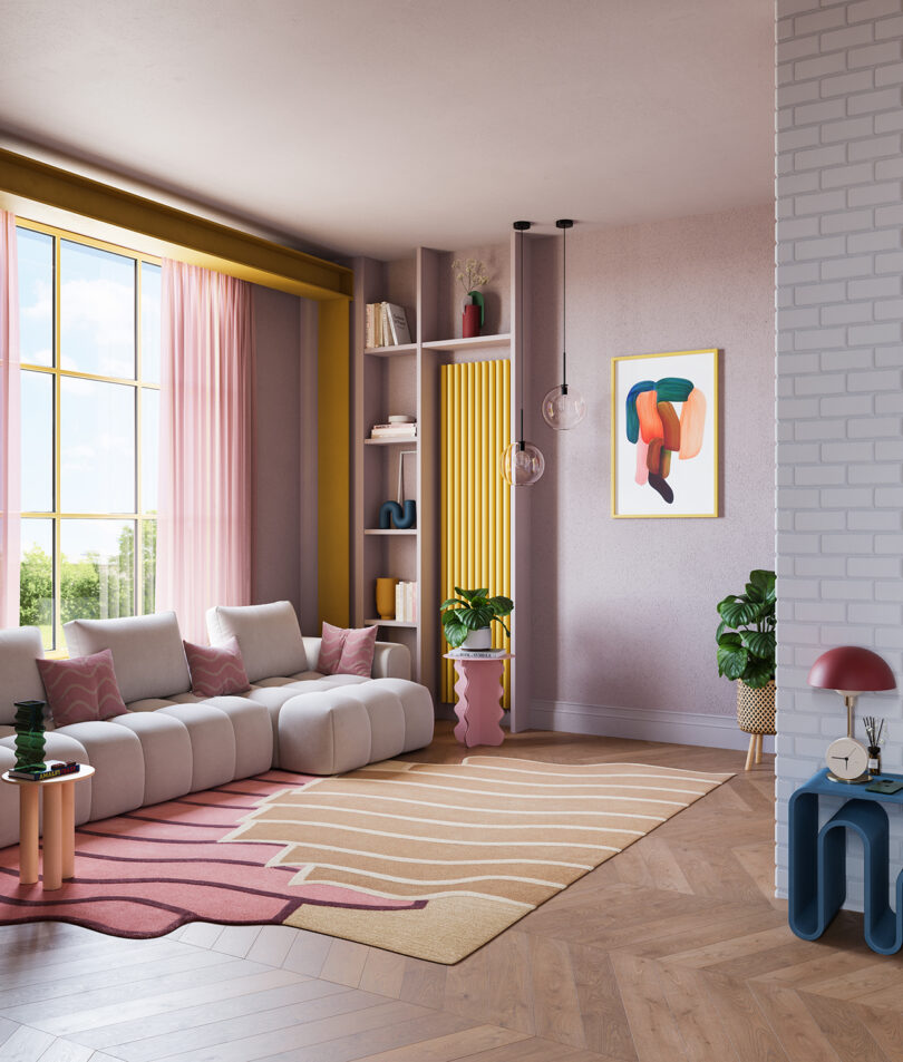 styled living space with modern orange and pink rug