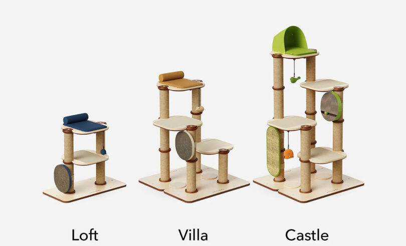 All three base configurations of the Infinity Cat Tree shown from left to right as Loft, Villa, and Castle. Loft offers two levels, Villa with three, and Castle with a four level design topped with a light green tent-like resting spot on the highest tier.
