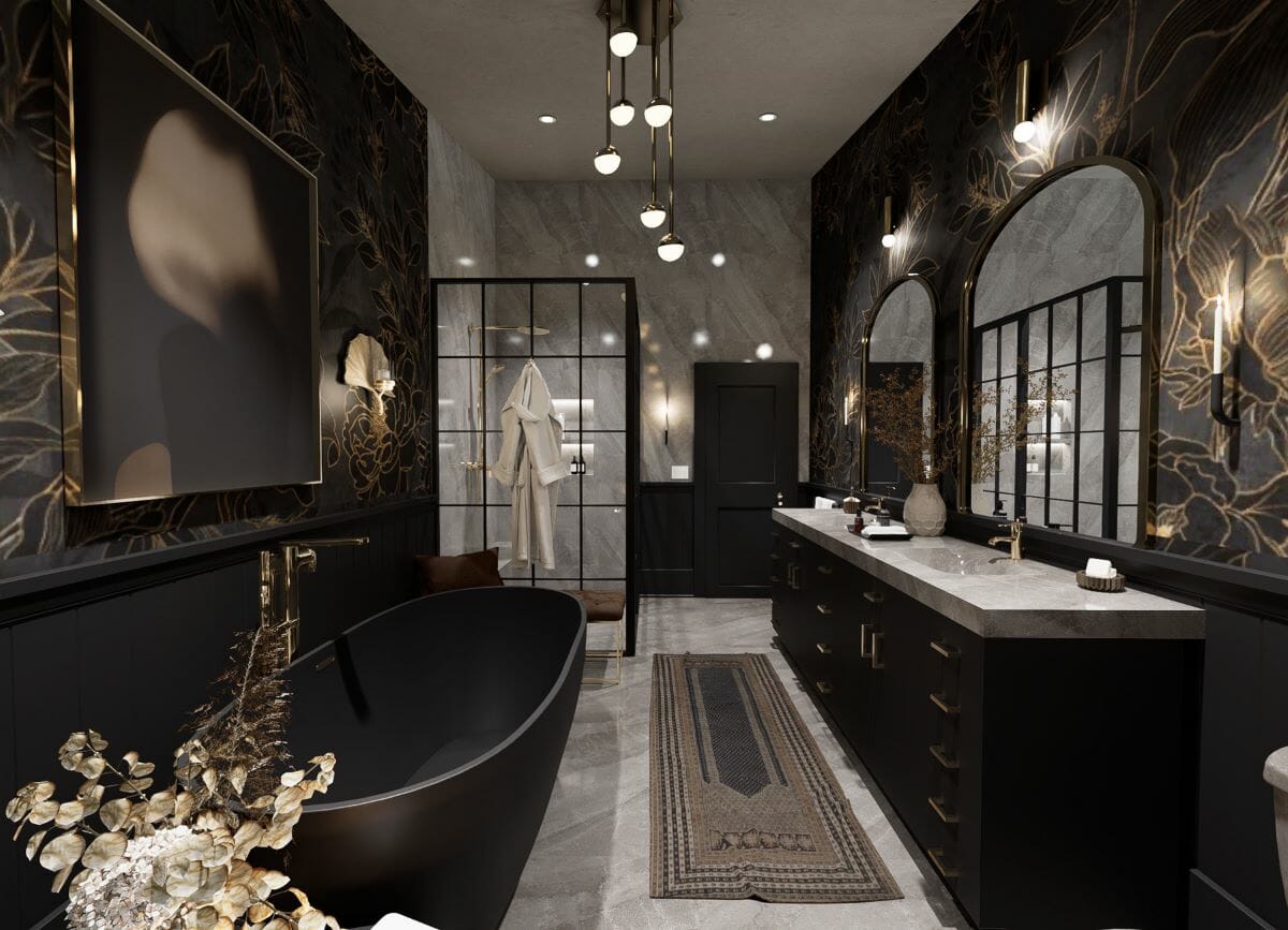 Creatively moody modern bathroom design by Decorilla designer Lauren O.