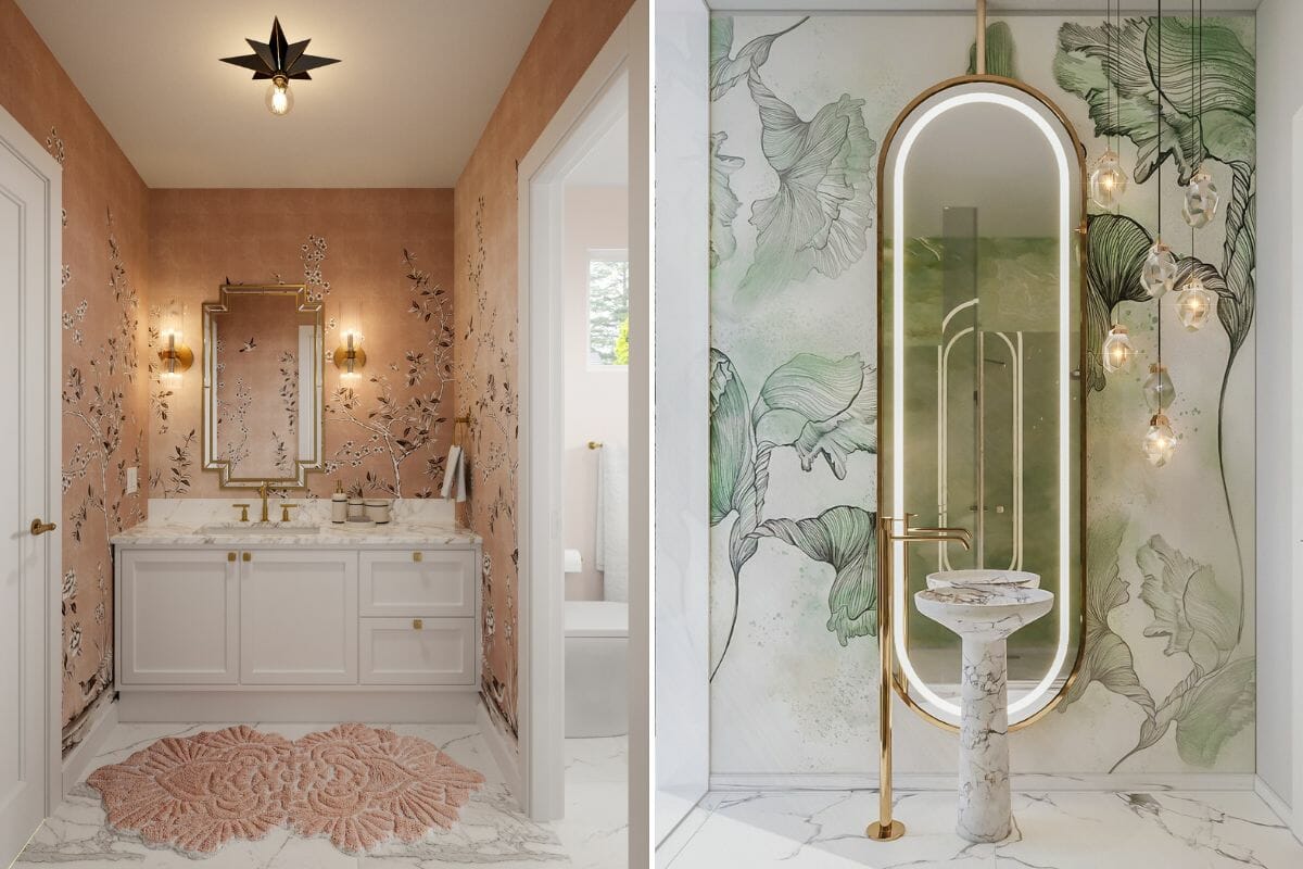 Elaborately stylized bathroom designs by Decorilla designers Ibrahim H. and Raneem K.