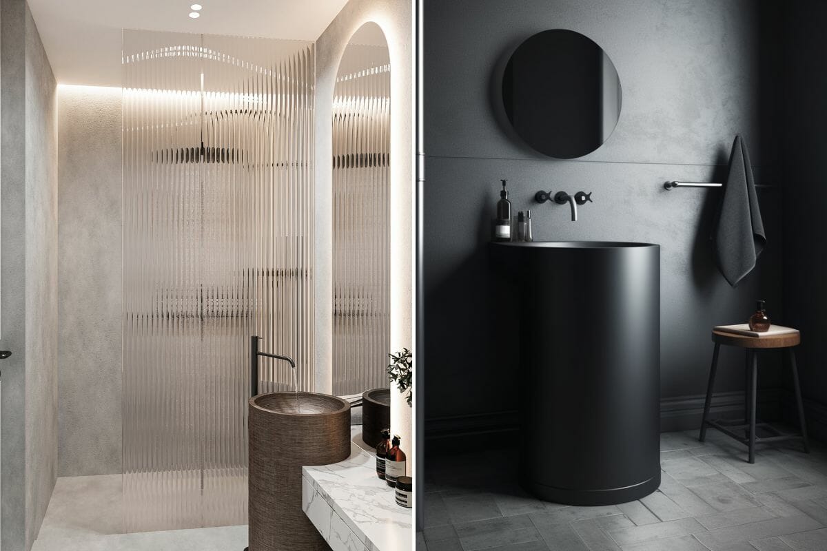 Modern minimal bathroom design with layered textures by Decorilla designers Armine and Oliver