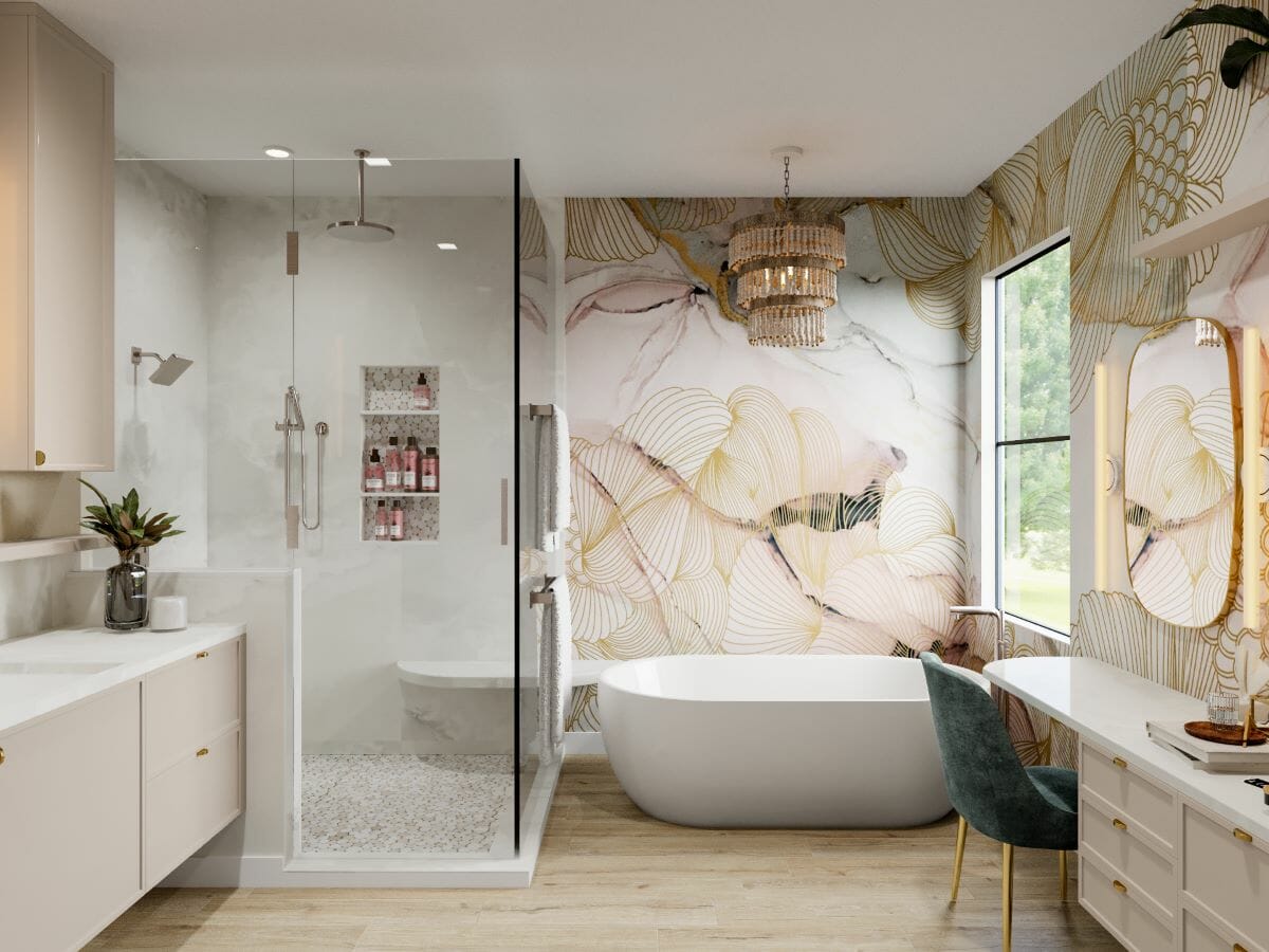Elegant wallpaper in a modern bathroom design vision of Decorilla designer Betsy M.