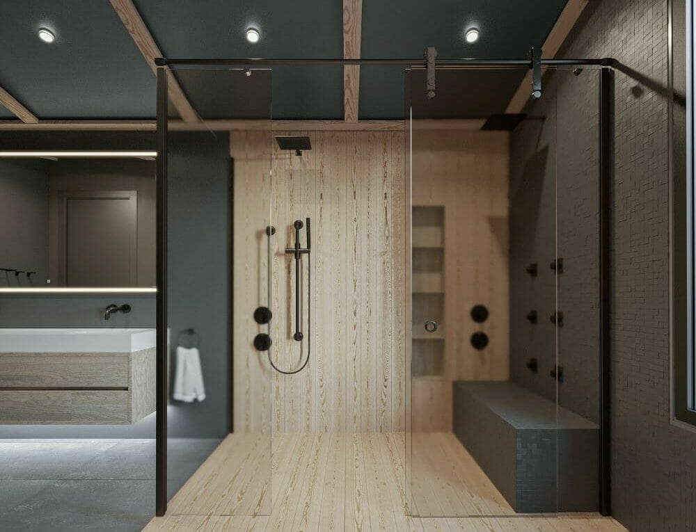 Spa-reminiscent modern bathroom plan by Decorilla designer Darya N.