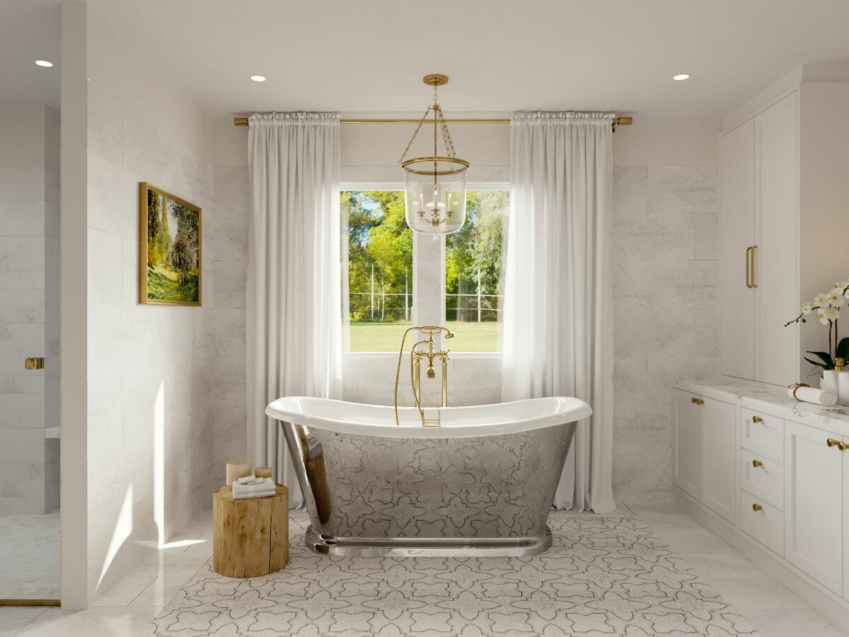 Silver-embellished modern bathroom plan by Decorilla designer Ibrahim H.