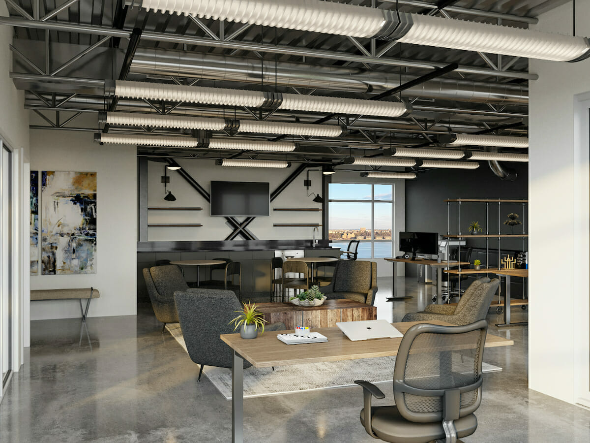 Industrial business interior by Decorilla office designer Theresa G.