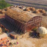 Aerial view of a bamboo pavilion in Makli by Yasmeen Lari