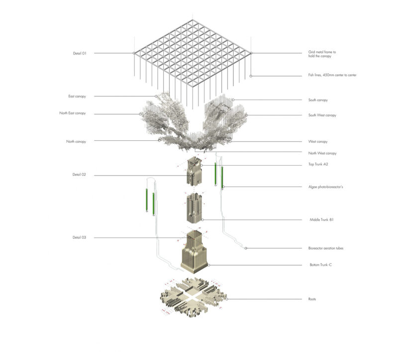 Blown up diagram illustration of the Tree.One's carbon sequestering system designed in biomimicry of an actual tree.