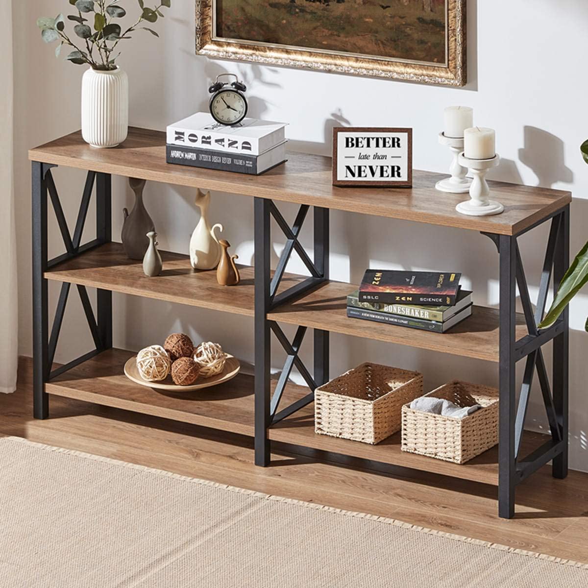 Wood entryway open-style cabinet with various items stored.