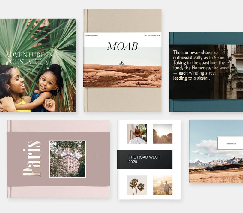 grid of six different travel photo book styles designed to turn digital images into photo albums