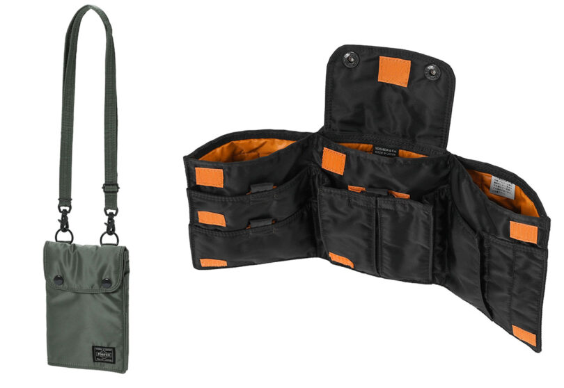 Small army green carrying document case with strap, with second image showing its spacious 7 pocket interior complemented with bright orange detailing.