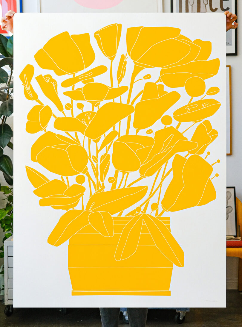 Large screen print of yellow graphical floral arrangement