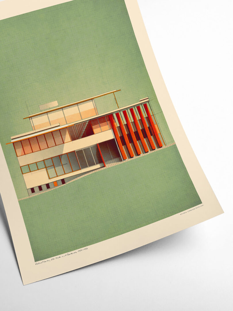 Green background art illustration print of the Richard Neutra VDL House