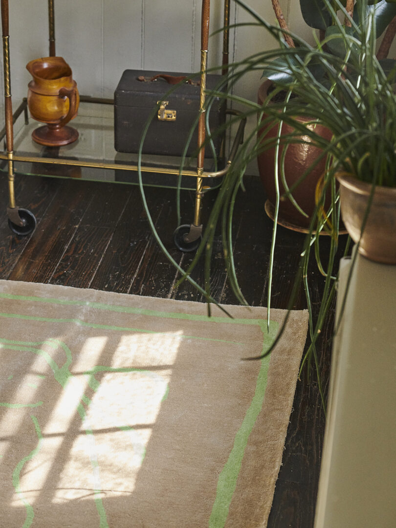 detail of neon green and tan rug corner