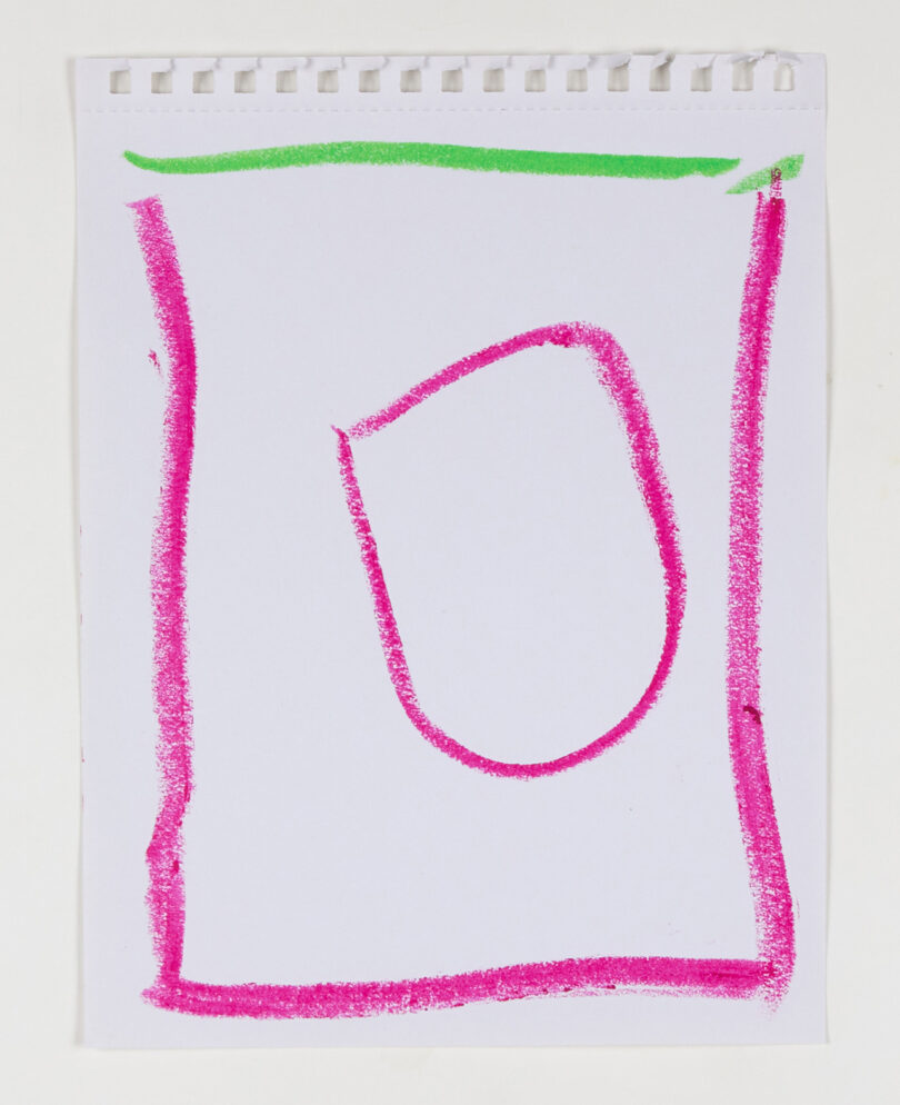 child's drawing in pink and green crayon on white paper