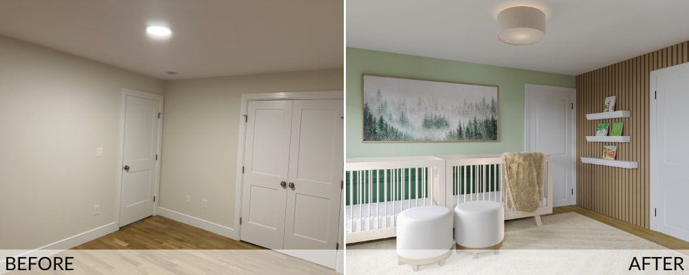 Green nursery for twins before (left) and after (right) design by Decorilla