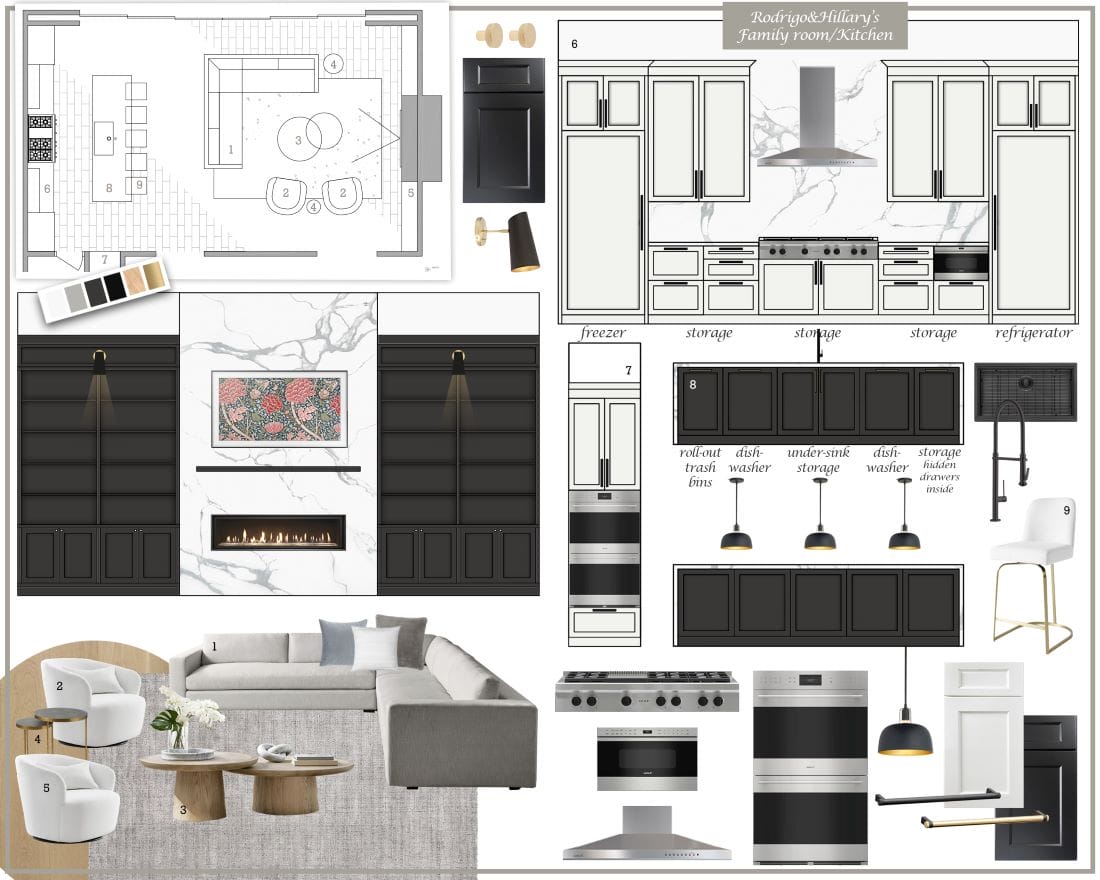 Open kitchen-living room design moodboard by Decorilla